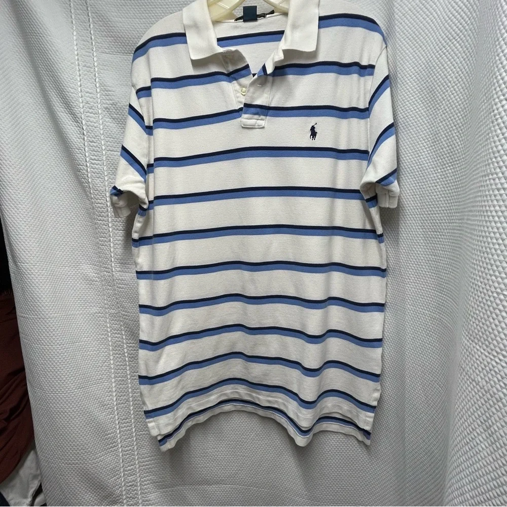 Ralph Lauren White and Blue Striped Polo Shirt Large